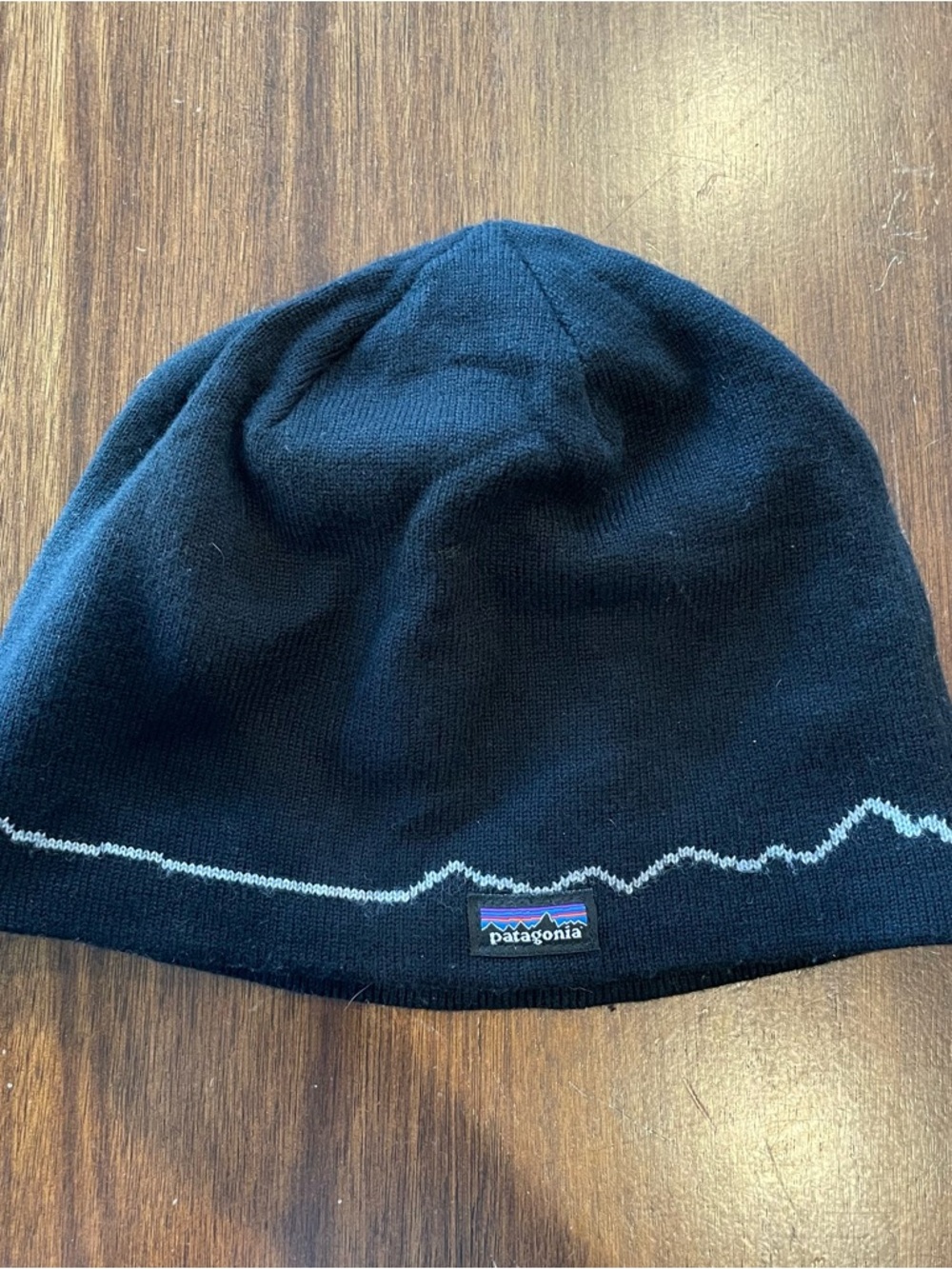 Patagonia Black Knit Beanie with Retro Mountain Design